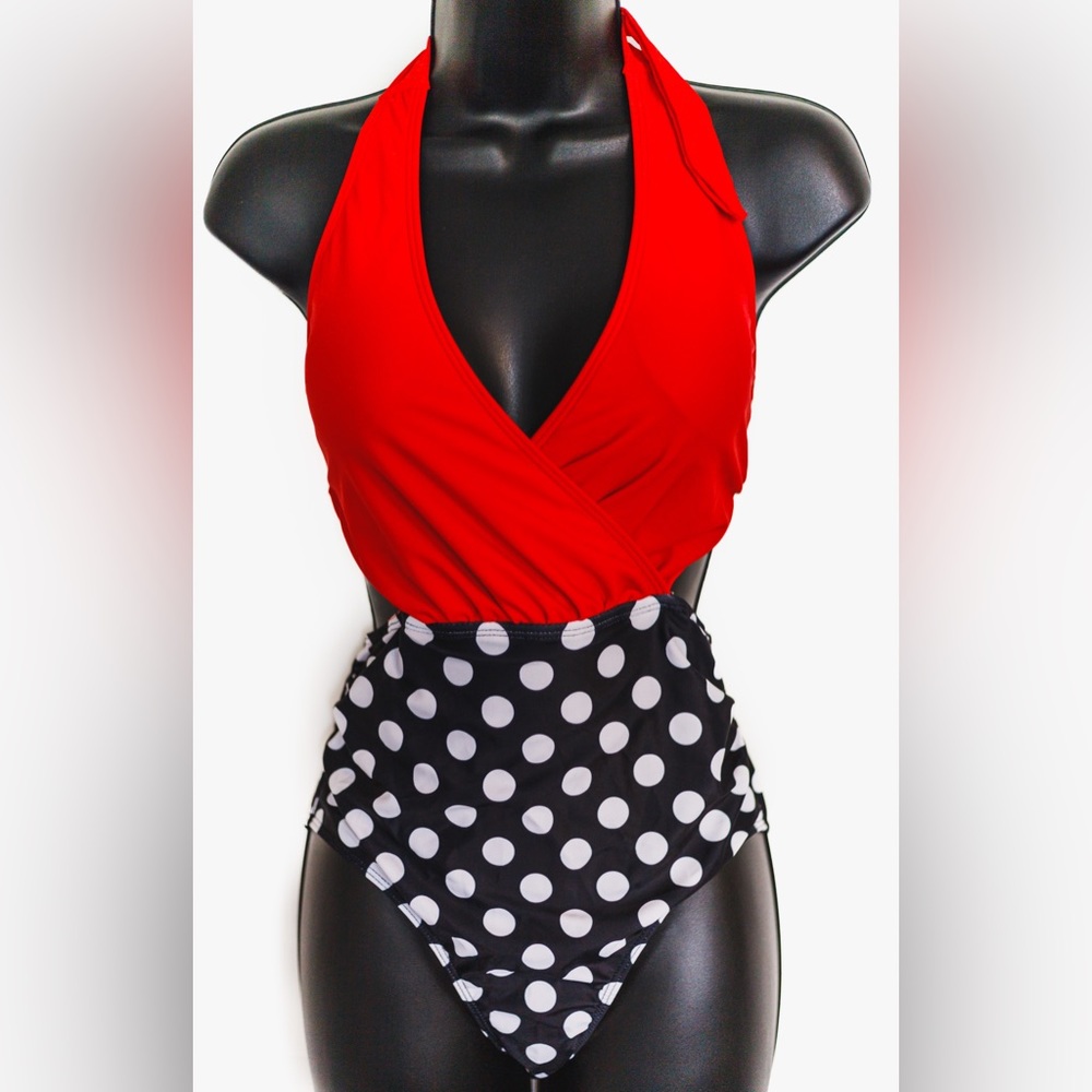 Deep V neck, red, black & white polka dot, one piece swim suit, padded cups
